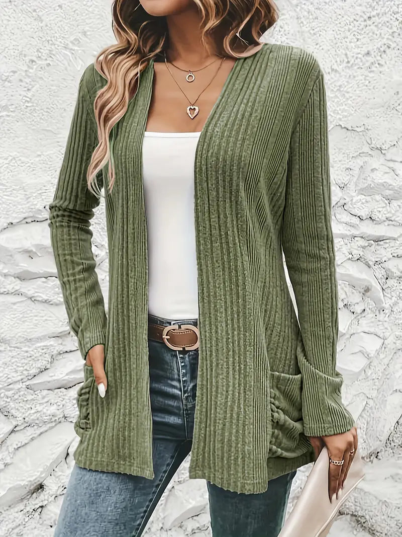 Sfrcord® Solid Open Front Rib Knit Cardigan